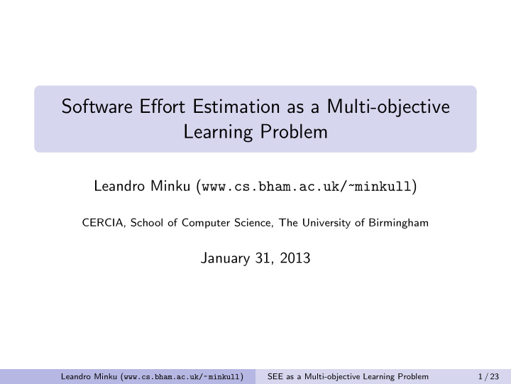 software effort estimation as a multi objective learning