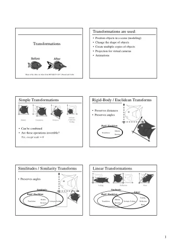 Transformations are used:   Position objects in a scene (modeling)   Change the shape of