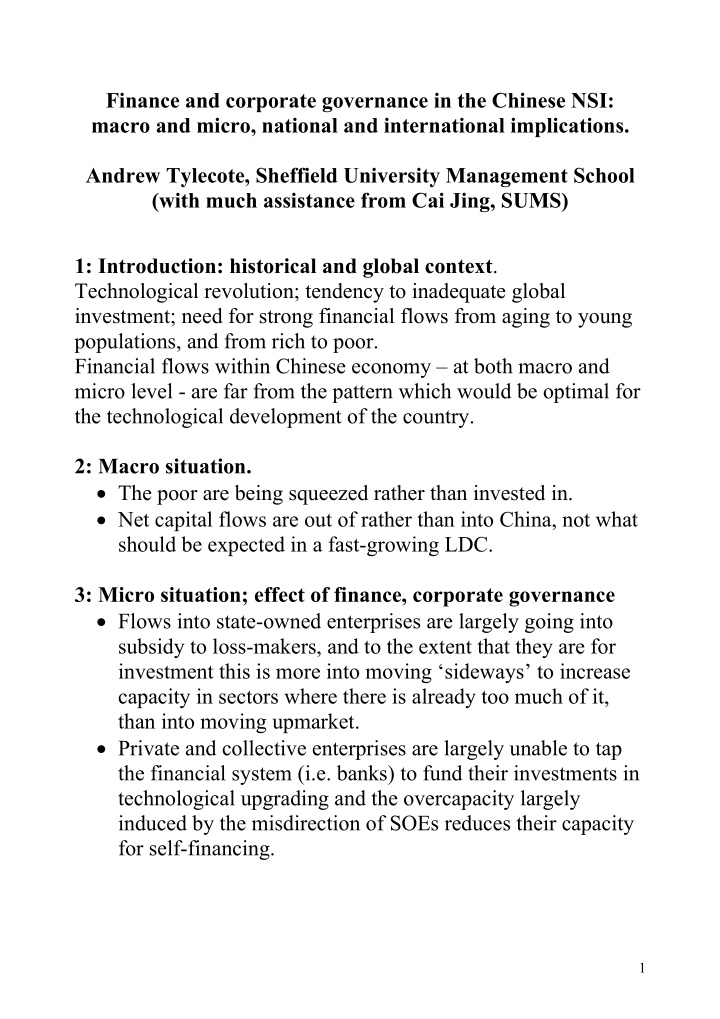 finance and corporate governance in the chinese nsi macro