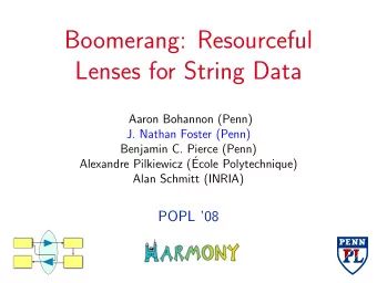 Boomerang: Resourceful  Lenses for String Data  Aaron Bohannon (Penn)  J. Nathan Foster (Penn)