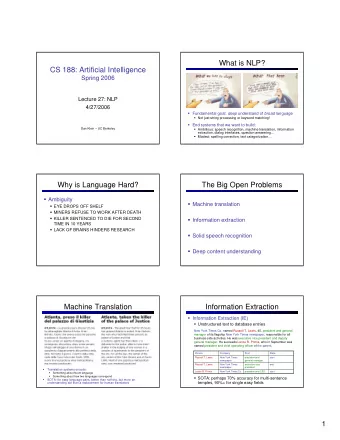 What is NLP?  CS 188: Artificial Intelligence  Spring 2006  Lecture 27: NLP  4/27/2006