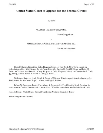 United States Court of Appeals for the Federal Circuit  02-1073  WARNER-LAMBERT COMPANY,