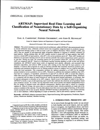 ARTMAP:  Supervised Real-Time Learning and  Classification of Nonstationary Data by a