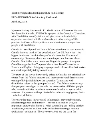 Disability rights leadership institute on bioethics  UPDATE FROM CANADA  Amy Hasbrouck  April