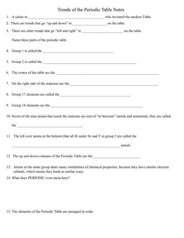 trends of the periodic table notes