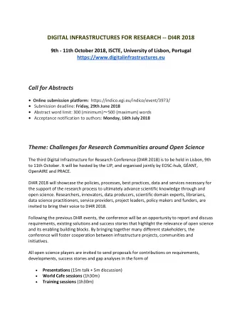 Call for Abstracts  Online submission platform: https://indico.egi.eu/indico/event/3973/