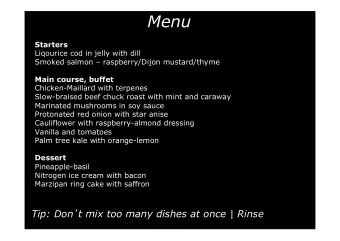 Menu Starters  Liqourice cod in jelly with dill  Smoked salmon  raspberry/Dijon mustard/thyme