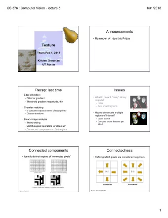 Announcements   Reminder: A1 due this Friday  Texture  Thurs Feb 1, 2018  Kristen Grauman  UT