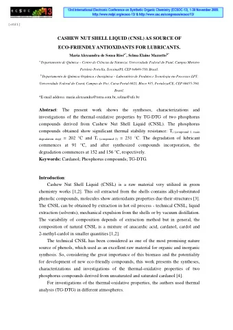 CASHEW NUT SHELL LIQUID (CNSL) AS SOURCE OF  ECO-FRIENDLY ANTIOXIDANTS FOR LUBRICANTS. Maria