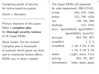 Comparing proofs of security  The target KEMs (all proposed  for lattice-based encryption  for wide