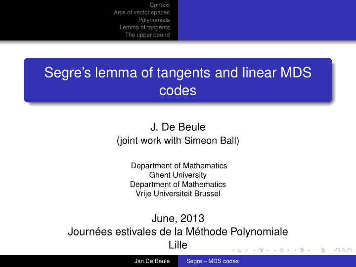 segre s lemma of tangents and linear mds codes