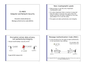 New cryptographic goals  Data privacy is not the only important  cryptographic goal  CS 4803