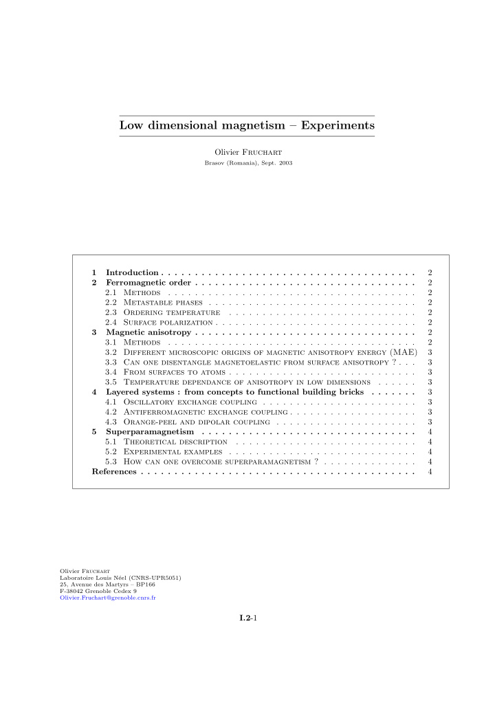 low dimensional magnetism experiments