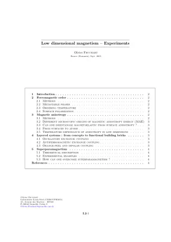 Low dimensional magnetism  Experiments Olivier Fruchart  Brasov (Romania), Sept. 2003  1