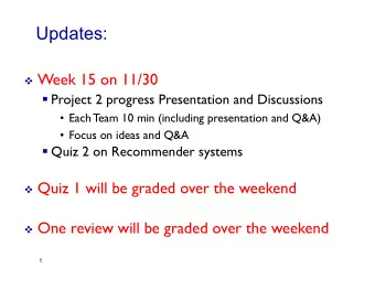 Updates: v Week 15 on 11/30  Project 2 progress Presentation and Discussions   Each T  eam 10
