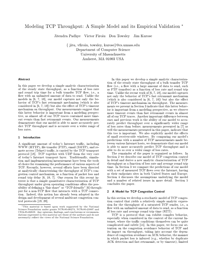 mo deling tcp throughput a simple mo del and its