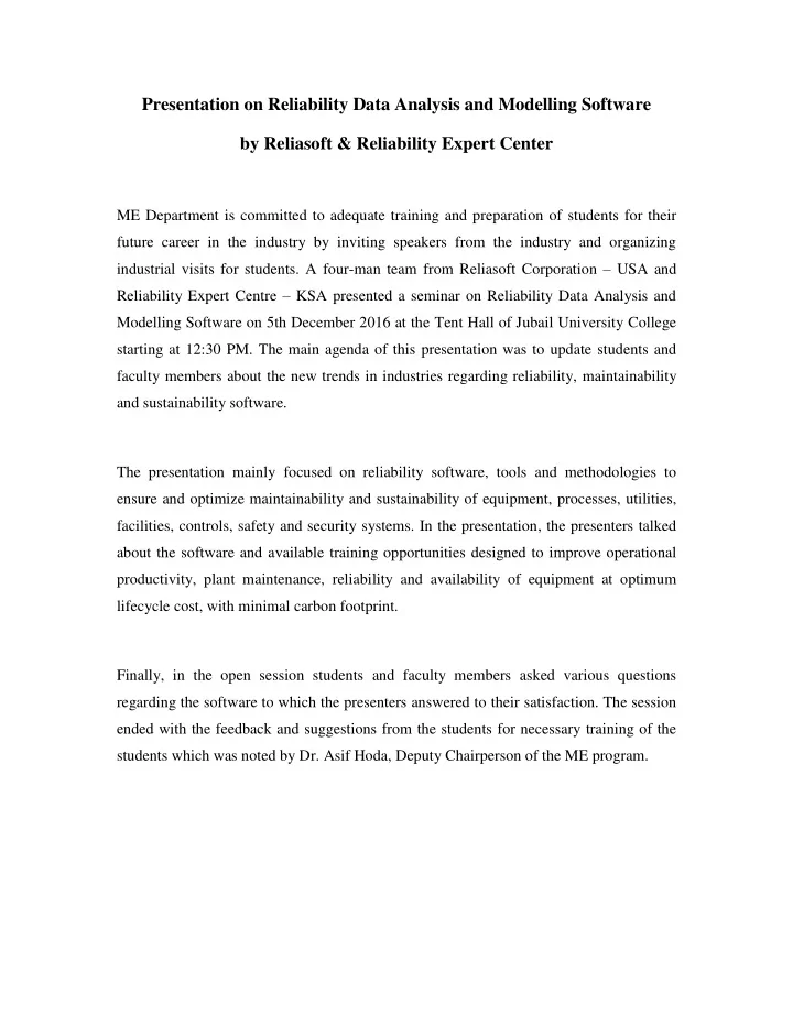 presentation on reliability data analysis and modelling