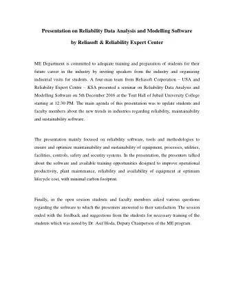 Presentation on Reliability Data Analysis and Modelling Software  by Reliasoft &amp; Reliability