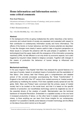 Homo informaticus and Information society   some critical comments  Peter Karl Fleissner,  Full