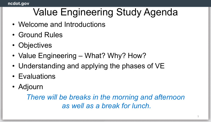 value engineering study agenda