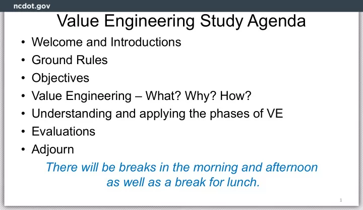 value engineering study agenda