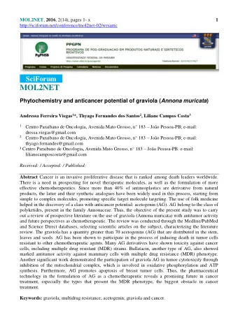 MOL2NET Phytochemistry and anticancer potential of graviola ( Annona muricata ) Andressa Ferreira