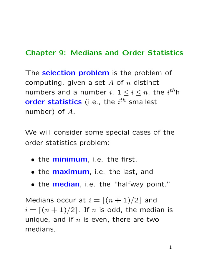 chapter 9 medians and order statistics the selection