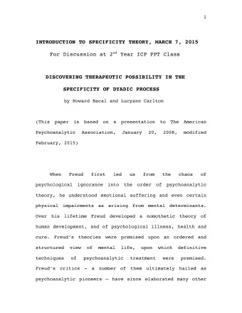 INTRODUCTION TO SPECIFICITY THEORY, MARCH 7, 2015 For Discussion at 2 nd Year ICP PPT Class