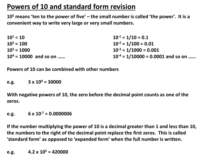 powers of 10 and standard form revision