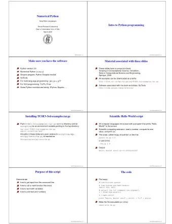 Numerical Python  Hans Petter Langtangen  Intro to Python programming  Simula Research Laboratory