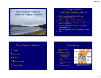 Knee exam case #1: Inspection  Significance of acute effusion  Intra-articular derangement