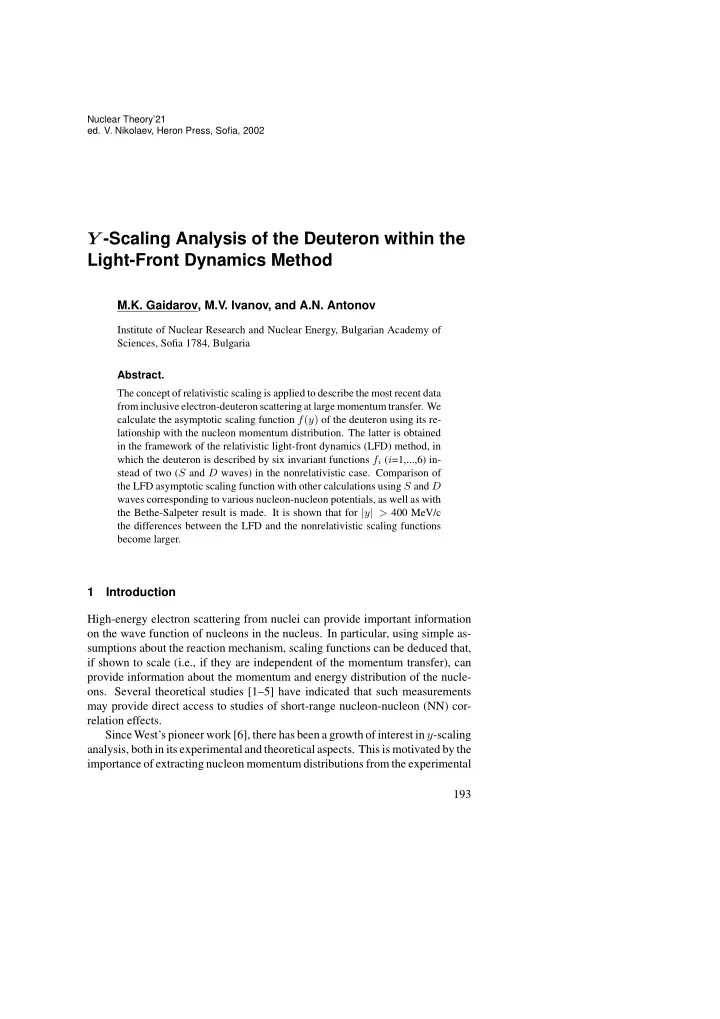 y scaling analysis of the deuteron within the light front