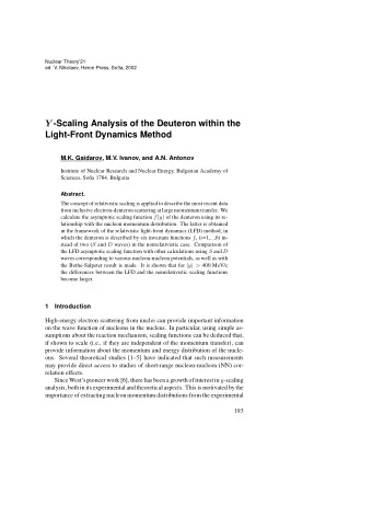 Y -Scaling Analysis of the Deuteron within the  Light-Front Dynamics Method  M.K. Gaidarov, M.V.