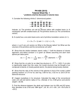 PH-409 (2015)  Tutorial Sheet No. 1  * problems shall be discussed in tutorial class 1. Consider