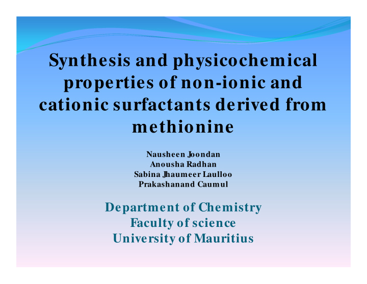synthesis and physicochemical properties of non ionic and