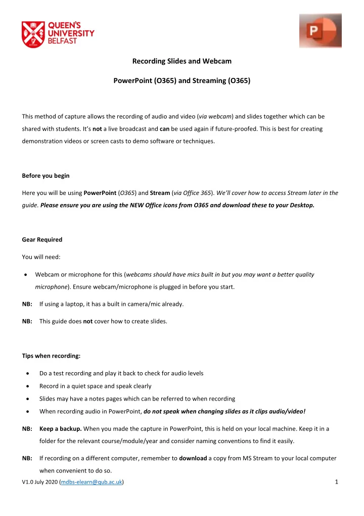 recording slides and webcam powerpoint o365 and streaming