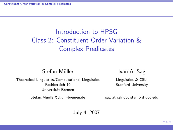 introduction to hpsg class 2 constituent order variation