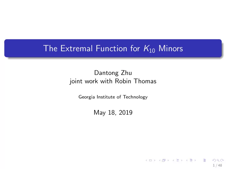 the extremal function for k 10 minors