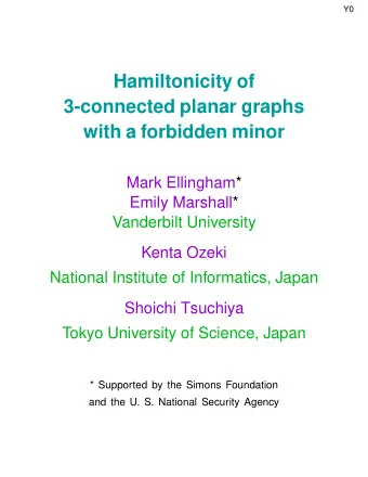 Hamiltonicity of  3-connected planar graphs  with a forbidden minor  Mark Ellingham*  Emily