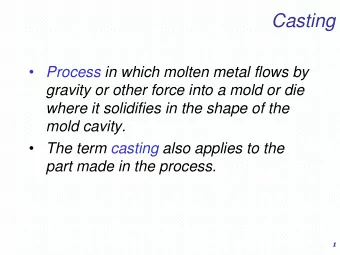 Casting  Process in which molten metal flows by  gravity or other force into a mold or die