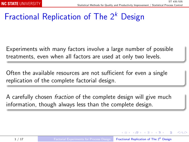 fractional replication of the 2 k design