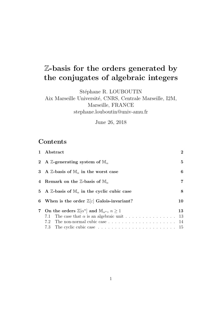 z basis for the orders generated by the conjugates of