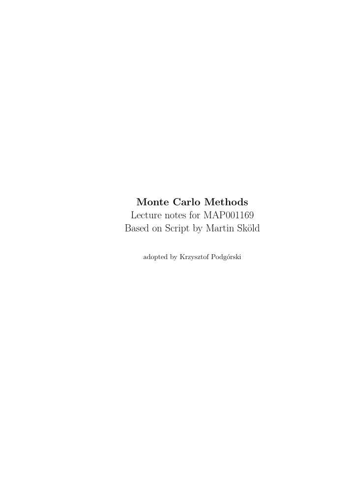monte carlo methods lecture notes for map001169 based on