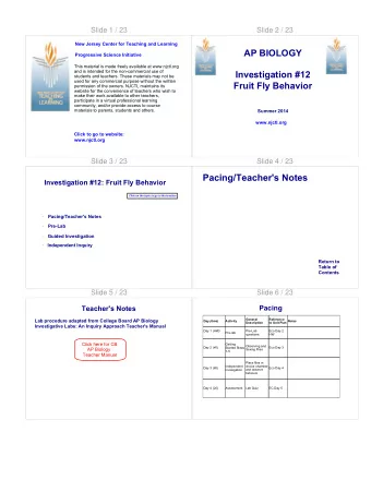 Pacing/Teacher's Notes  Investigation #12: Fruit Fly Behavior  Click on the topic to go to that