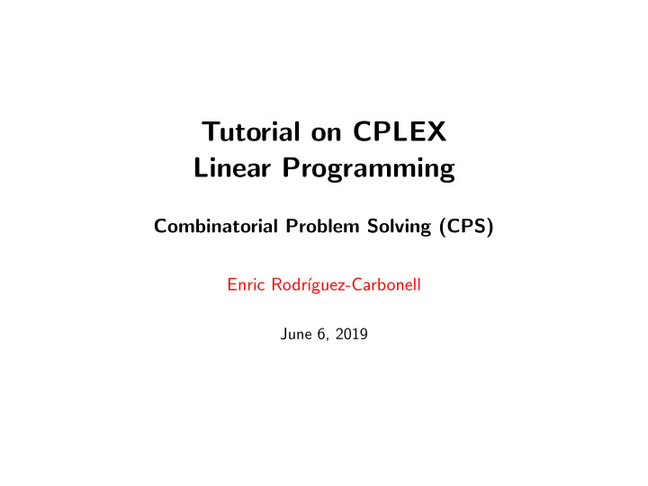 tutorial on cplex linear programming