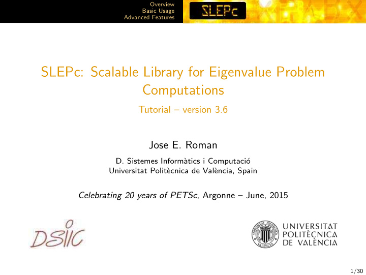 slepc scalable library for eigenvalue problem computations