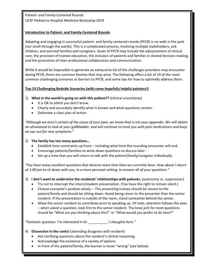 patient and family centered rounds ucsf pediatrics
