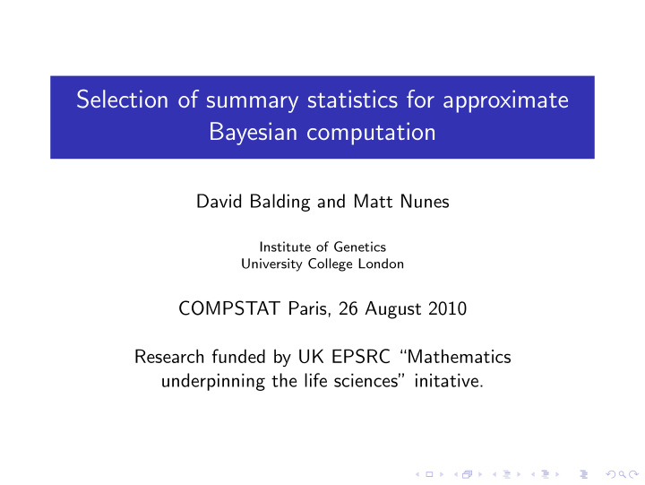 selection of summary statistics for approximate bayesian