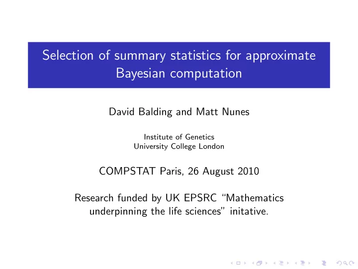 selection of summary statistics for approximate bayesian