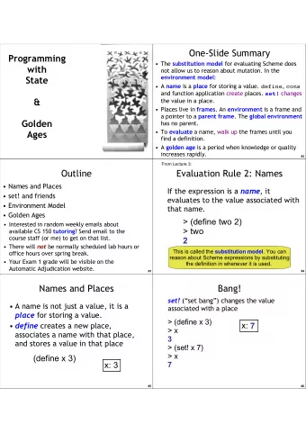 One-Slide Summary  Programming  The substitution model for evaluating Scheme does  with  not